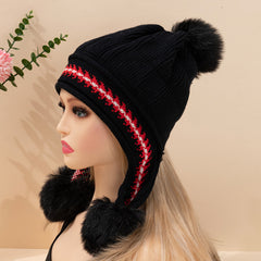 Ladies Printed Fleece Ear Protector Hat with Fur Ball