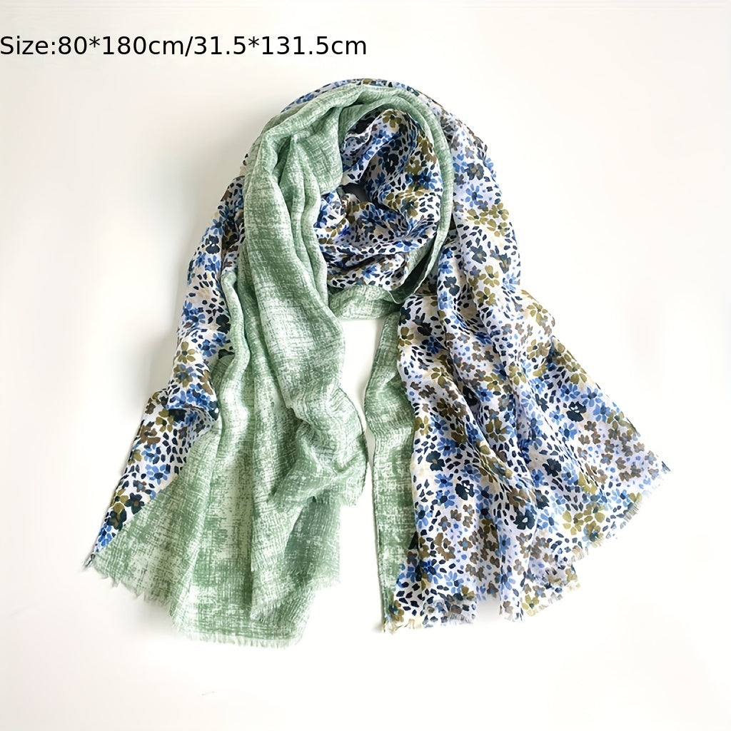Dotted Flower Print Scarf Frayed Edge Boho Shawl