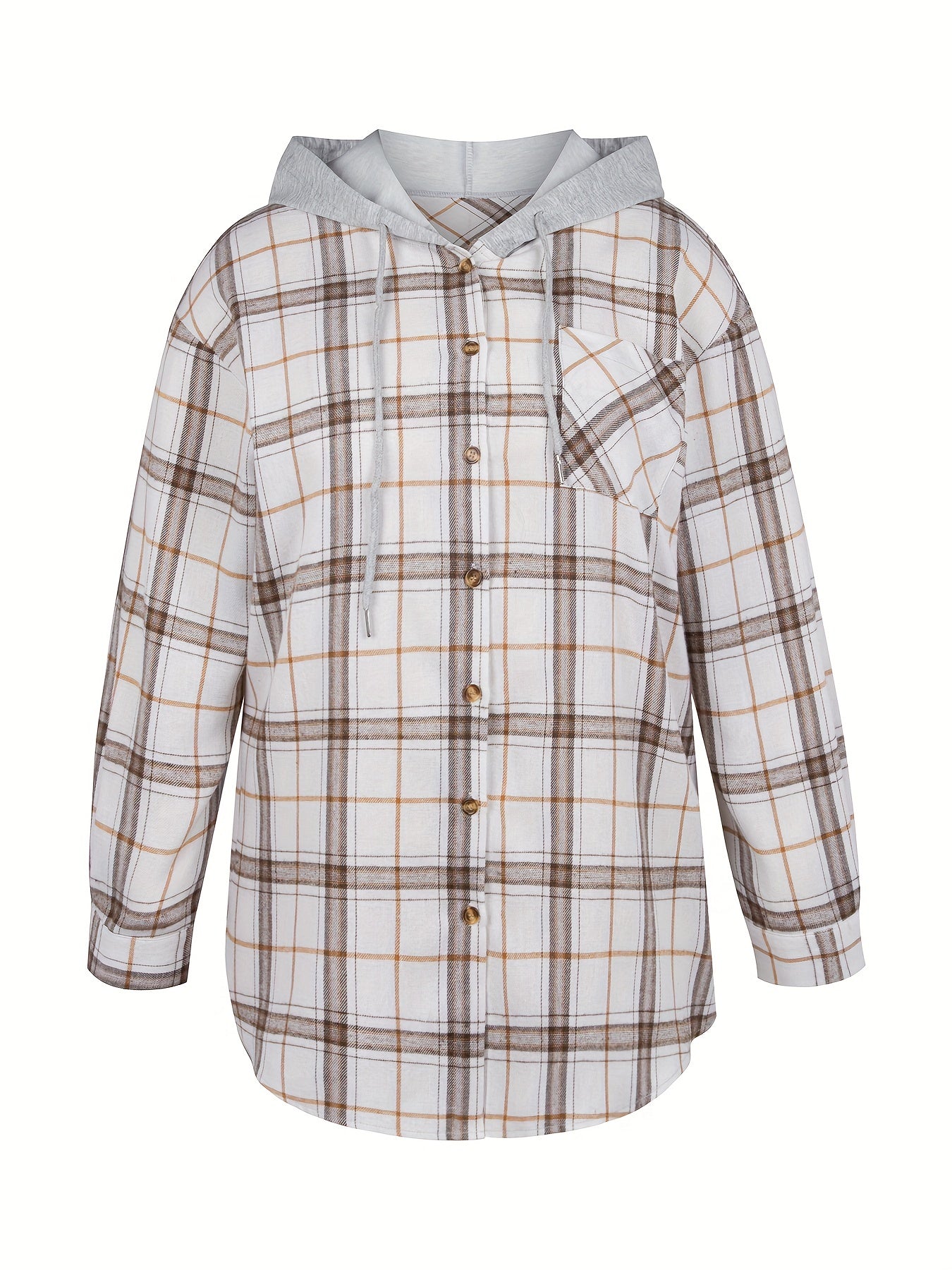  Plaid Print Drawstring Hooded Shirt