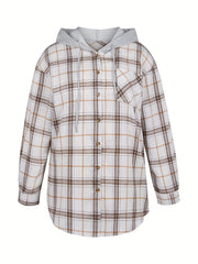  Plaid Print Drawstring Hooded Shirt