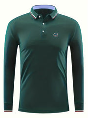 Men's Vintage Long Sleeve Polo Shirt Casual Button Up Polo Shirt