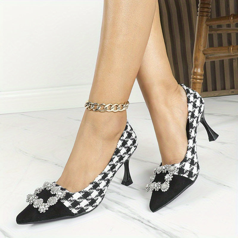 Women's Houndstooth High Heels Pointed Toe Rhinestone Stiletto Heels