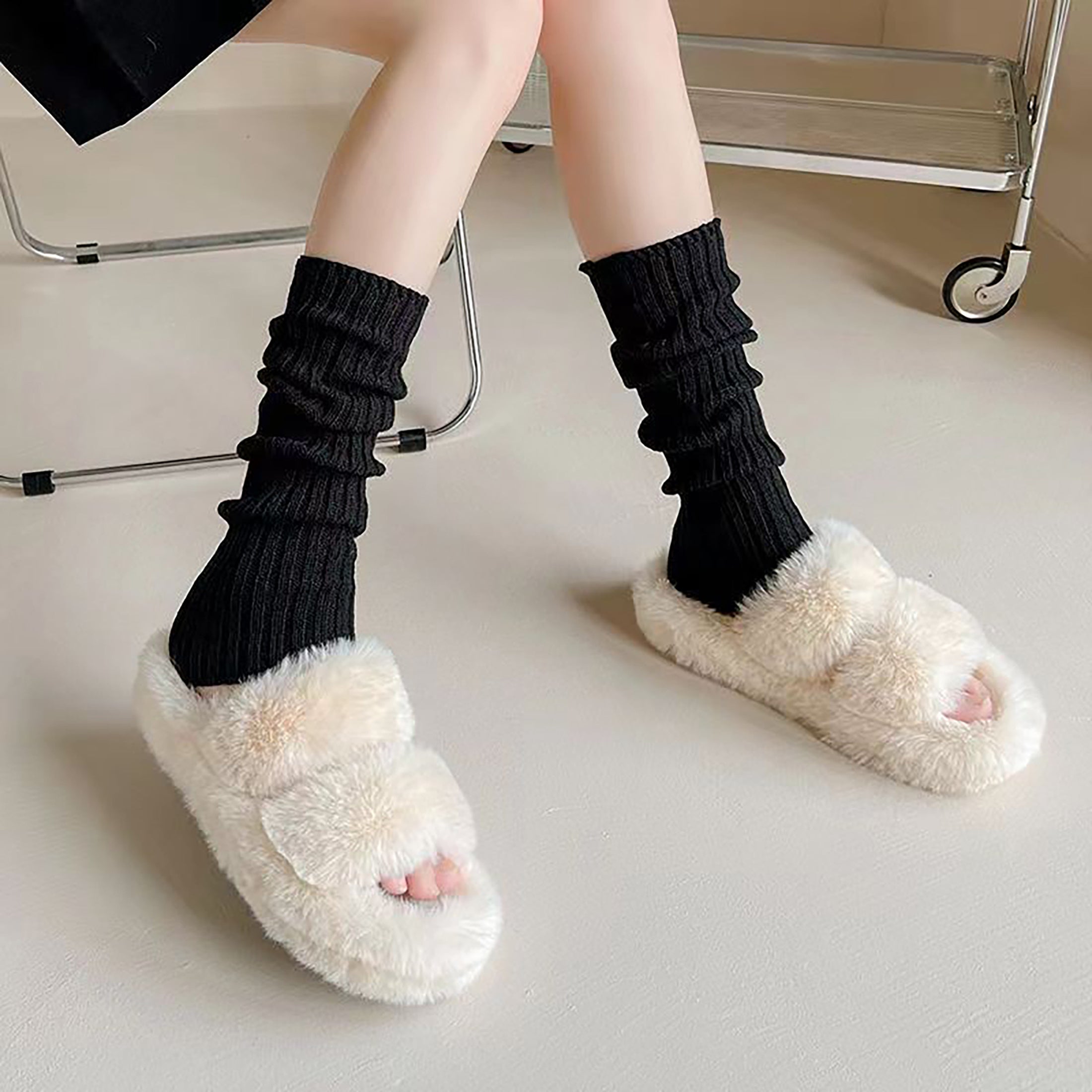 Solid Rib Knit Leg Warmers All-match Knee High Socks Women's Stockings
