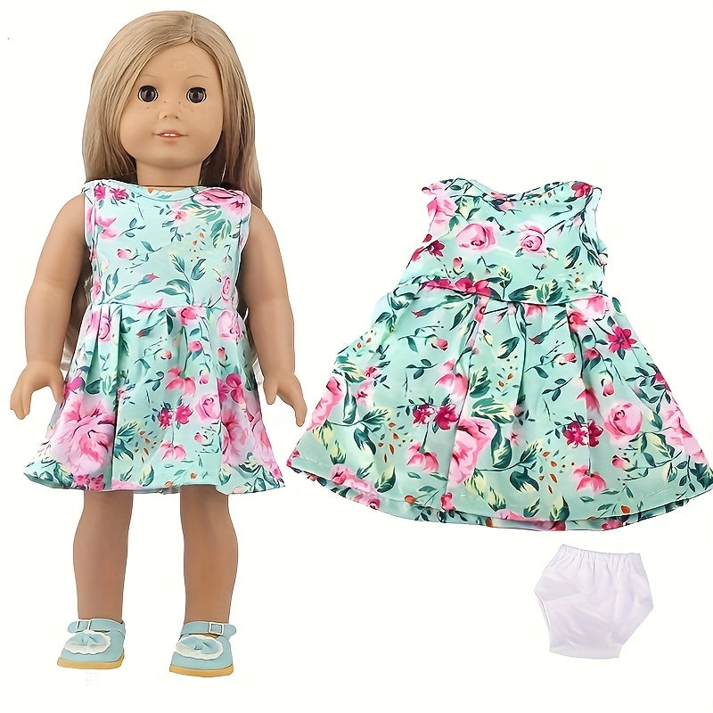 Green Floral Dress for 18" Dolls Pink Yellow Flowers High Fabric