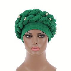 Green Twisted Braided Turban Cap Head Wrap Elastic Hijab Women Chemo Hats