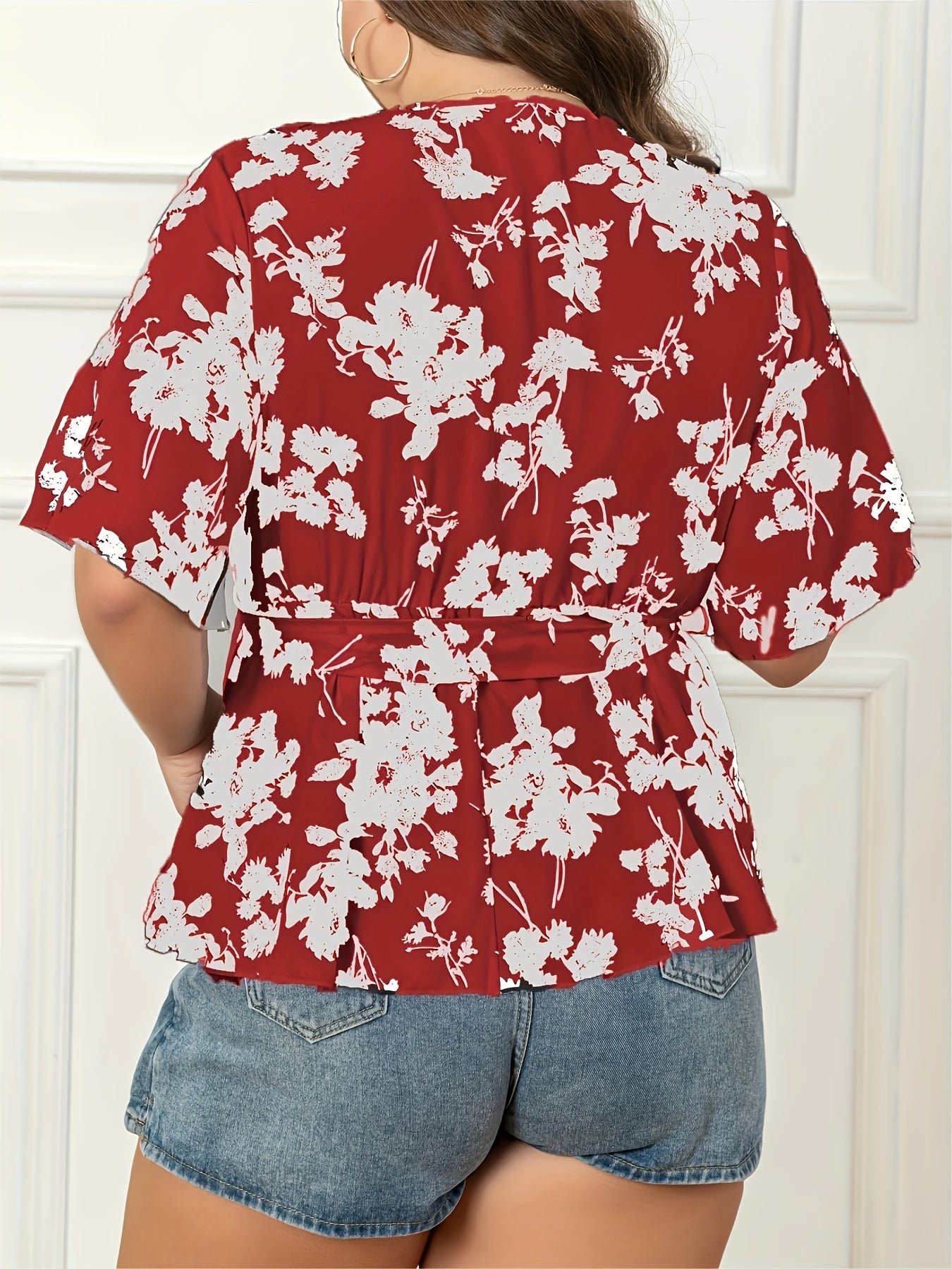 Floral Flutter Sleeve Peplum Blouse With Belt