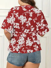 Floral Flutter Sleeve Peplum Blouse With Belt