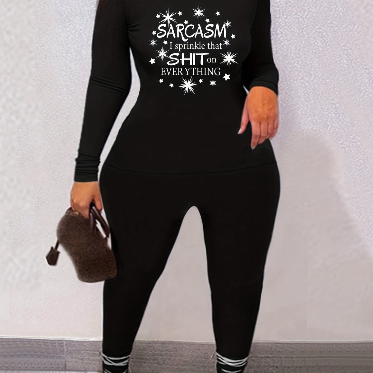 Women's Plus Star & Letter Print Tee & Leggings Outfits Set