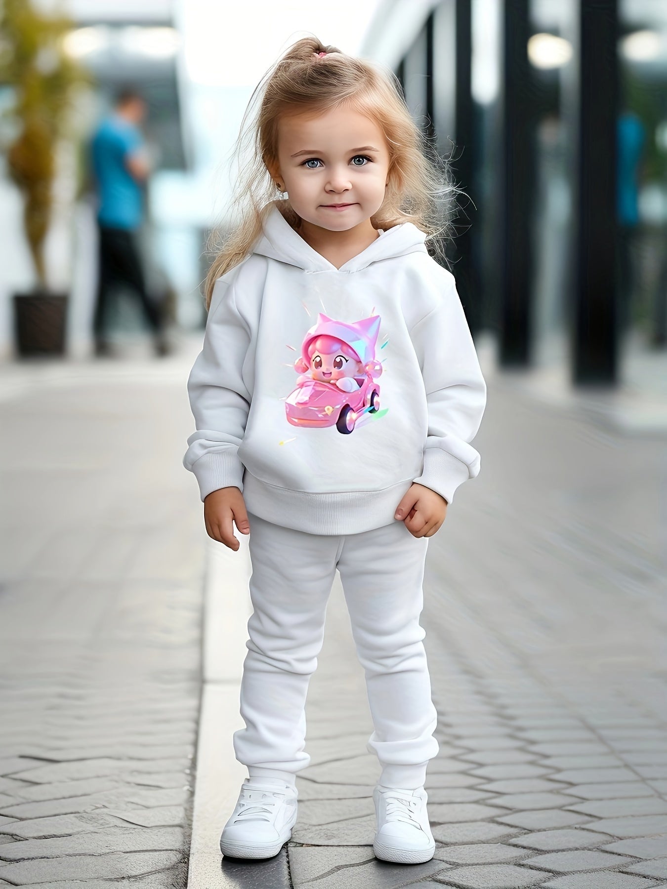 Cartoon Girl Driving Car Print Hoodie & Sweatpants Set