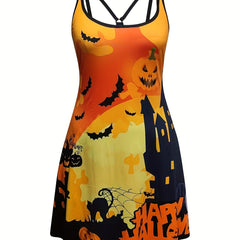  Women's Halloween Tank Dress with Pumpkin & Bat Print