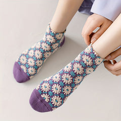 5 Pairs Floral Print Short Socks Retro Style 3D Textured Low Cut Socks