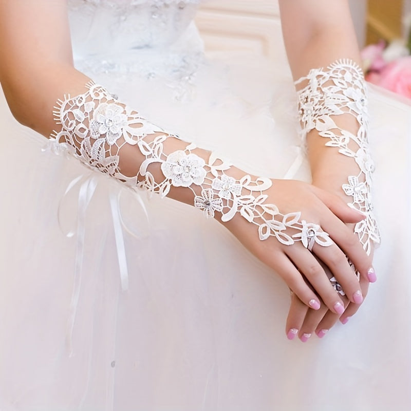 Lace Hollow Flower Gloves Lolita Hook Finger Beige Wedding Bridal