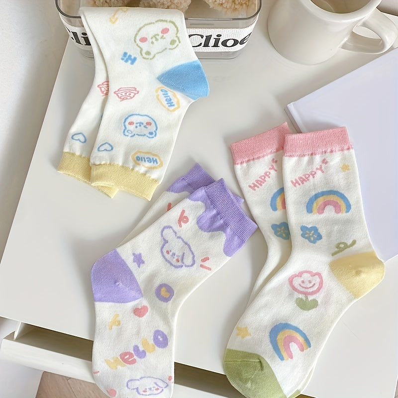 3 Pairs Cartoon Graffiti Mid Tube Socks Women's Stockings