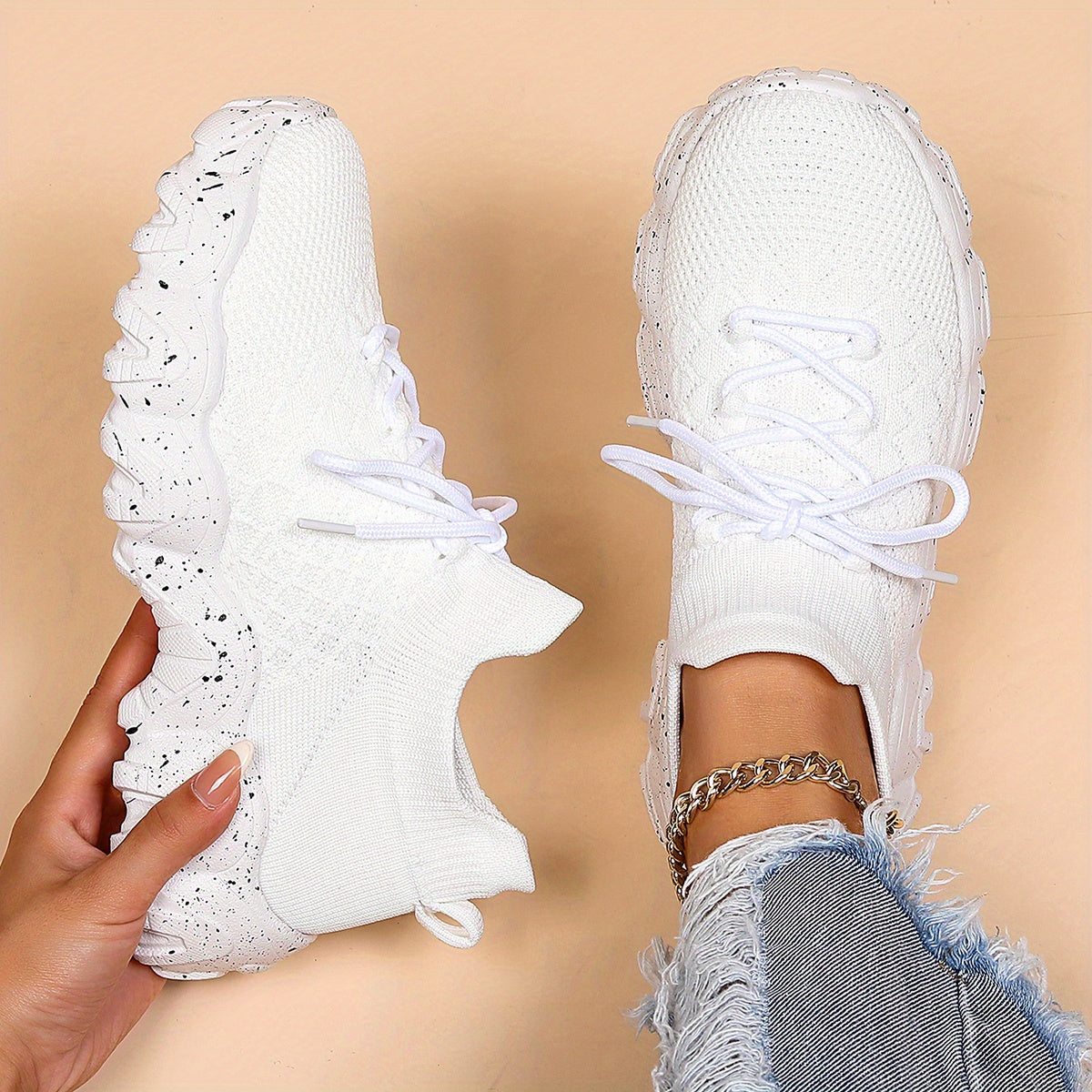 Women's Breathable Knit Sock Sneakers Casual Lace Up Sport Shoes