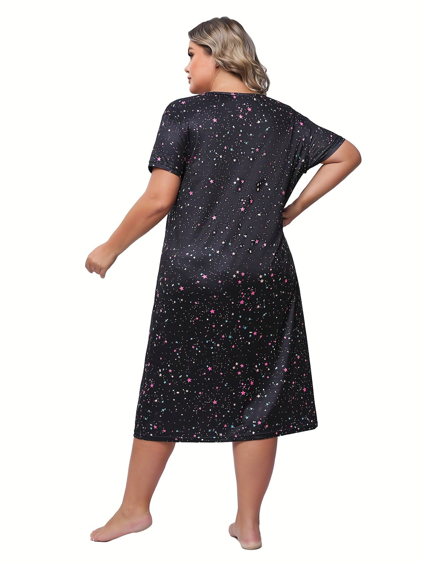  Star Print Lounge Dress Short Sleeve Round Neck Nightdress