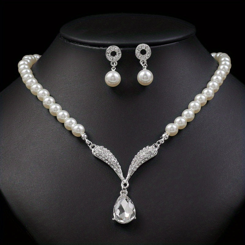 Vintage Faux Pearl Necklace & Earrings Set for Women