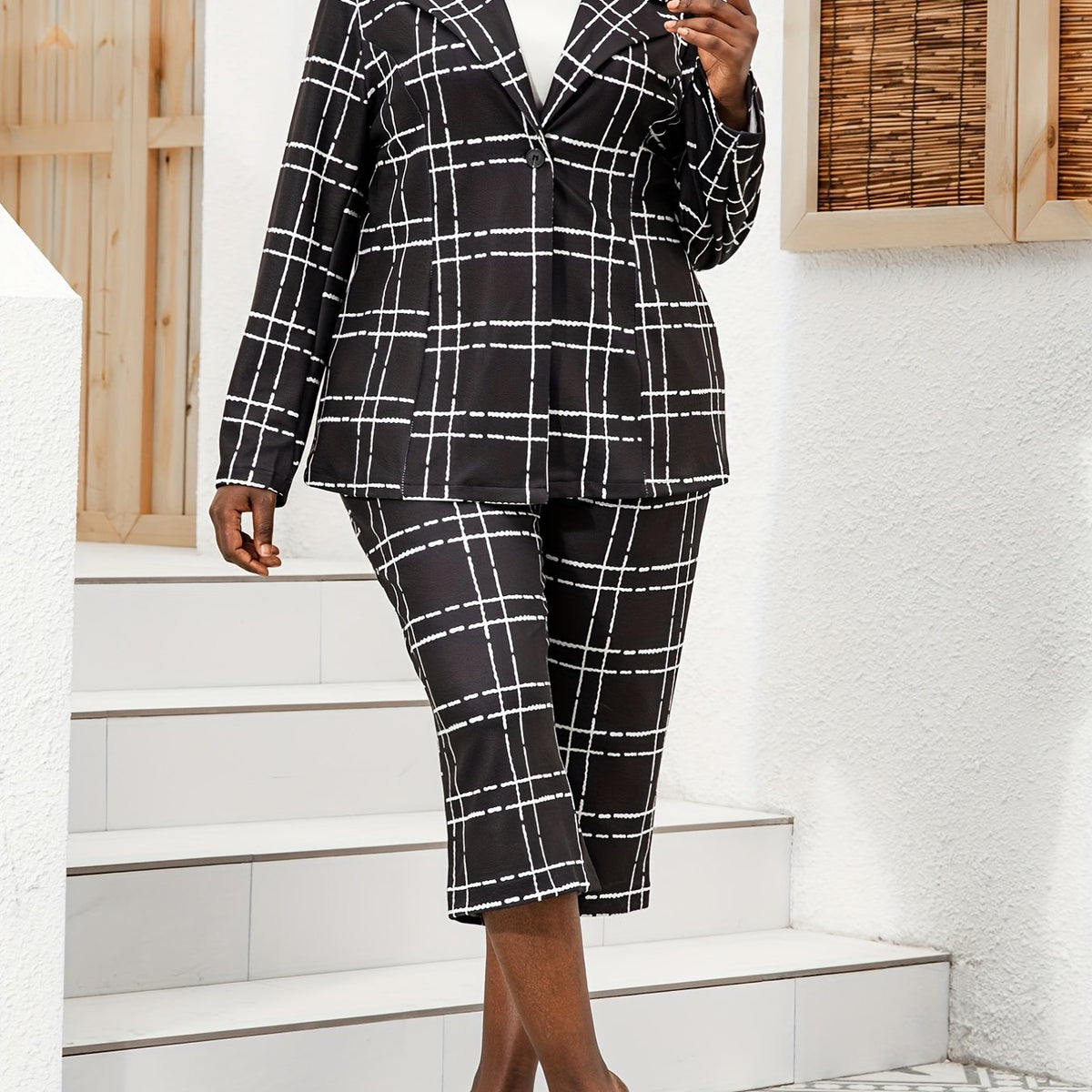  Grid Print Blazer & Pants Suit Sets