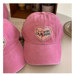 Cat Heart Embroidery Baseball Cap Pink Washed Distressed Sun Hat