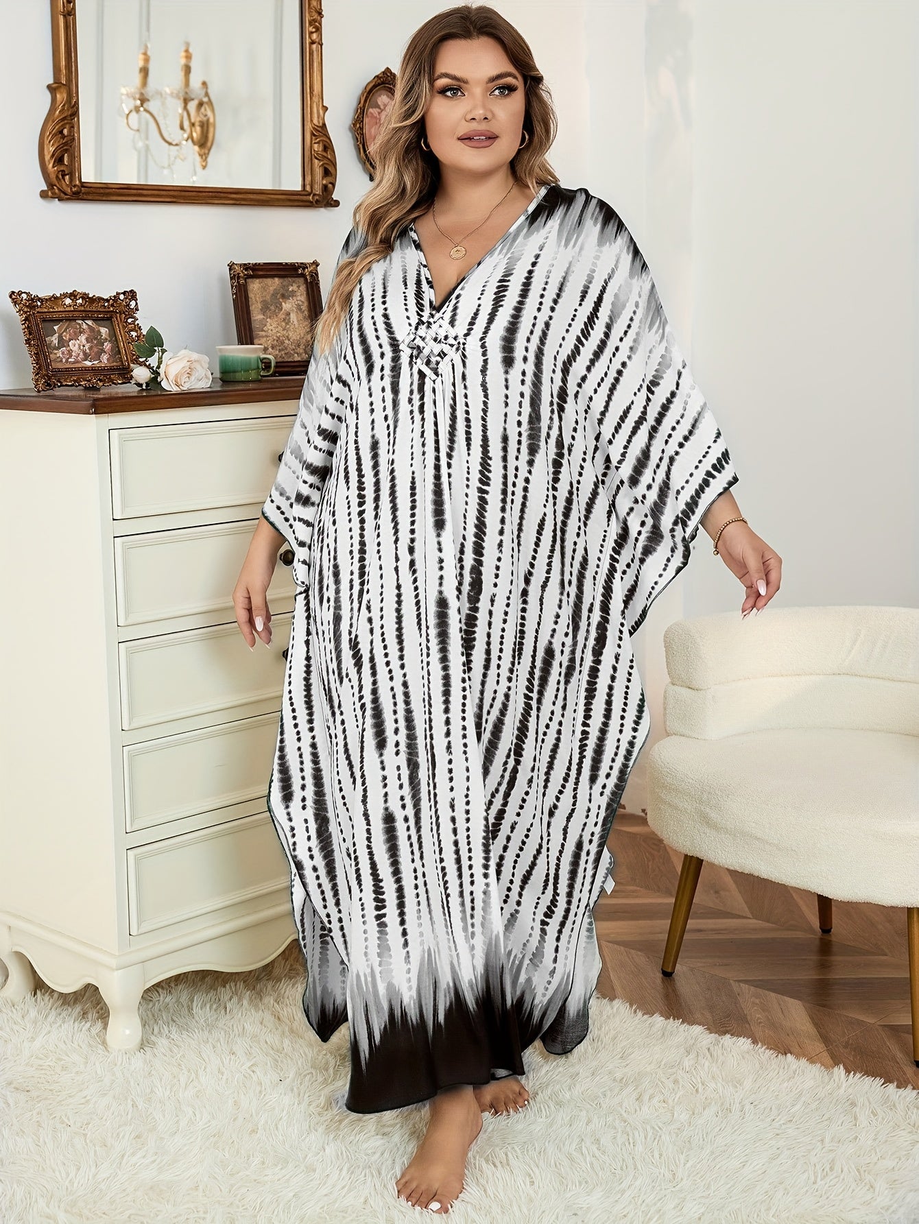  Tie Dye Striped Batwing Sleeve Maxi Cover Up Dress