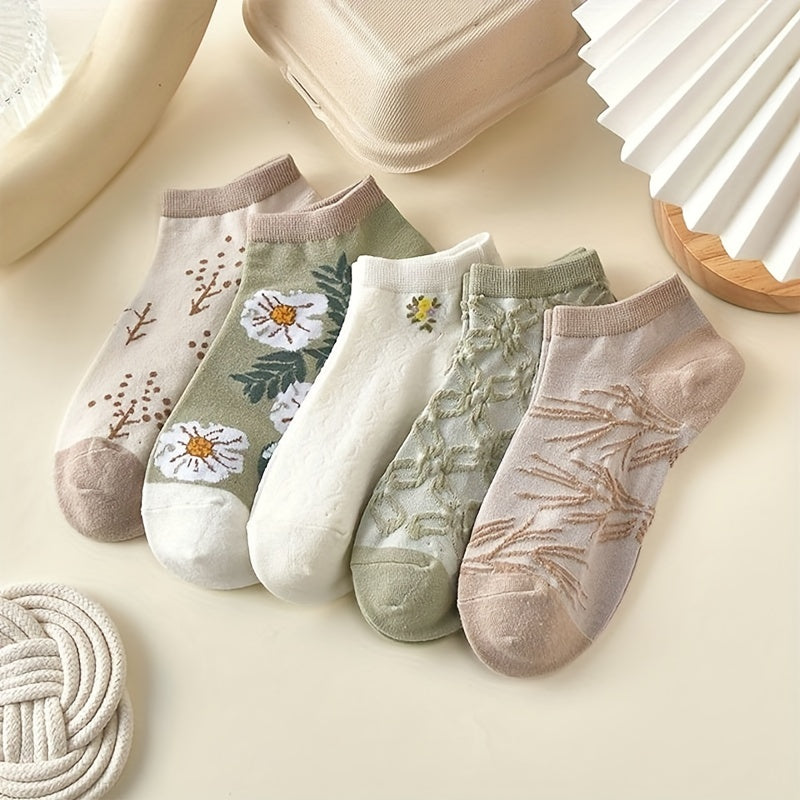 5 Pairs Floral Print Low Cut Ankle Socks Women's Stockings