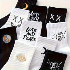 10 Pairs Letter & Moon Print Socks Breathable Women's Stockings