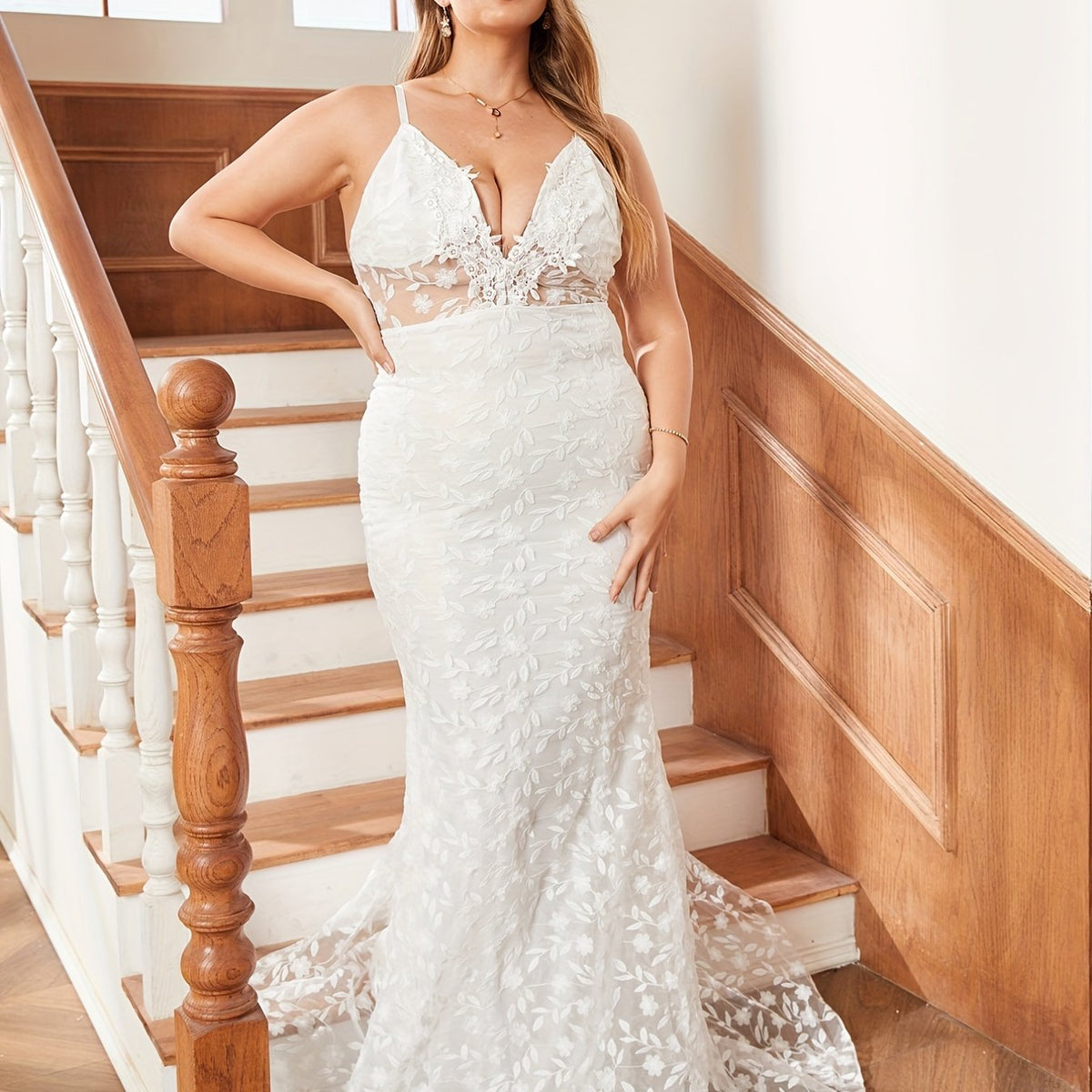  Women's Deep V Neck Floral Jacquard Maxi Wedding Dress