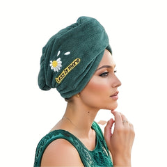 Flower Embroidered Hair Towel Button Coral Fleece Hair Wrap Towel Women Bath