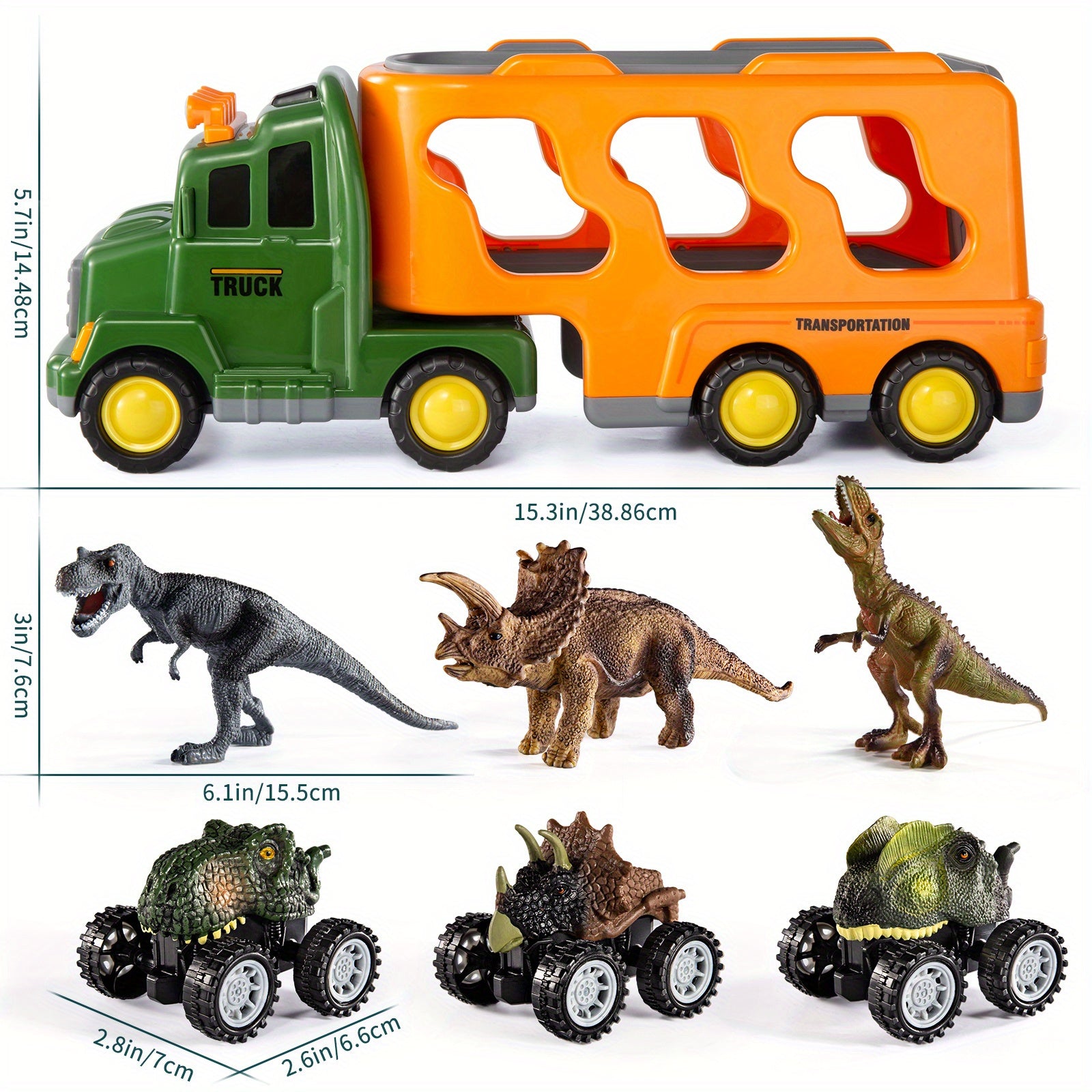 3 Dino Figures & 3 Monster Cars Light & Sound Friction Toy Set