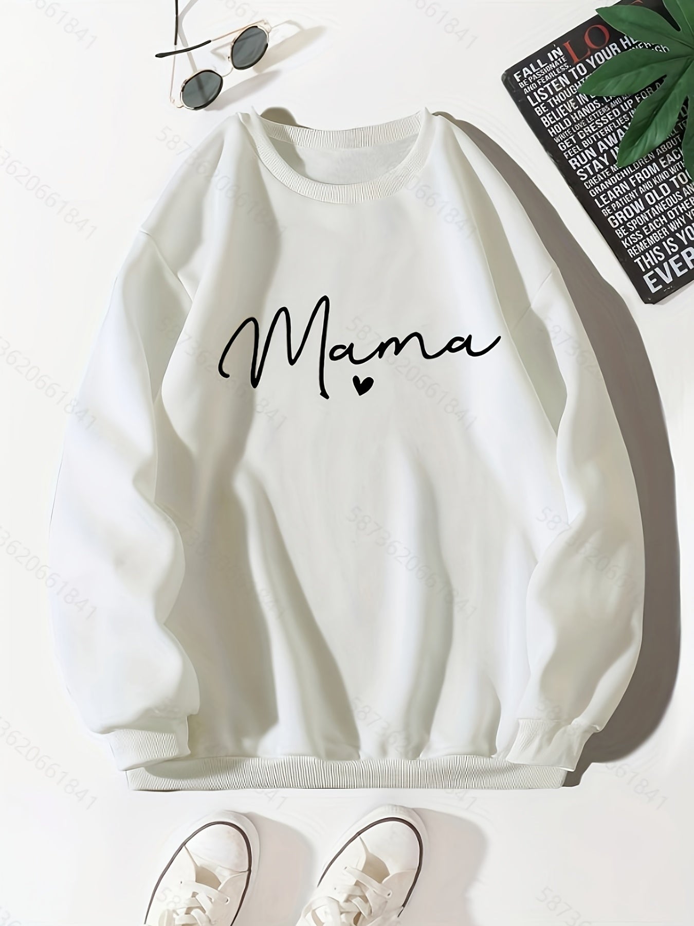 Letter Print Pullover Sweatshirt Crew Neck Fall Winter Women's Clothing