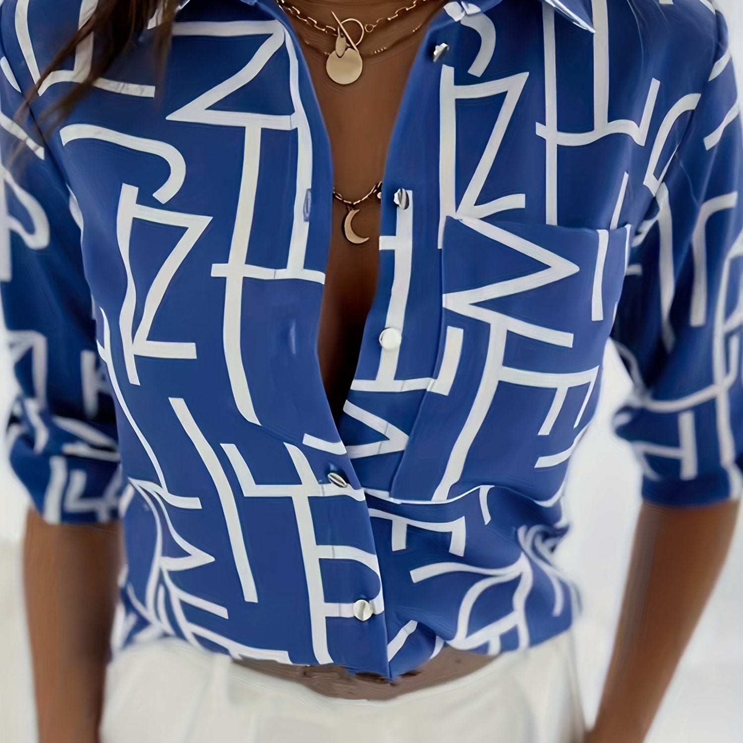  Letter Print Button Up Long Sleeve Blouse