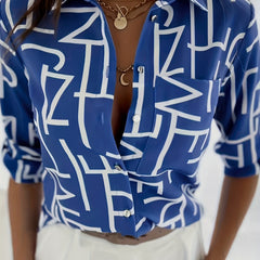  Letter Print Button Up Long Sleeve Blouse