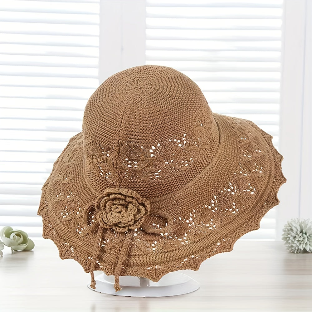 Khaki Hollow Knitted Sun Hat Flower Foldable Travel Beach Casual Bucket Hat
