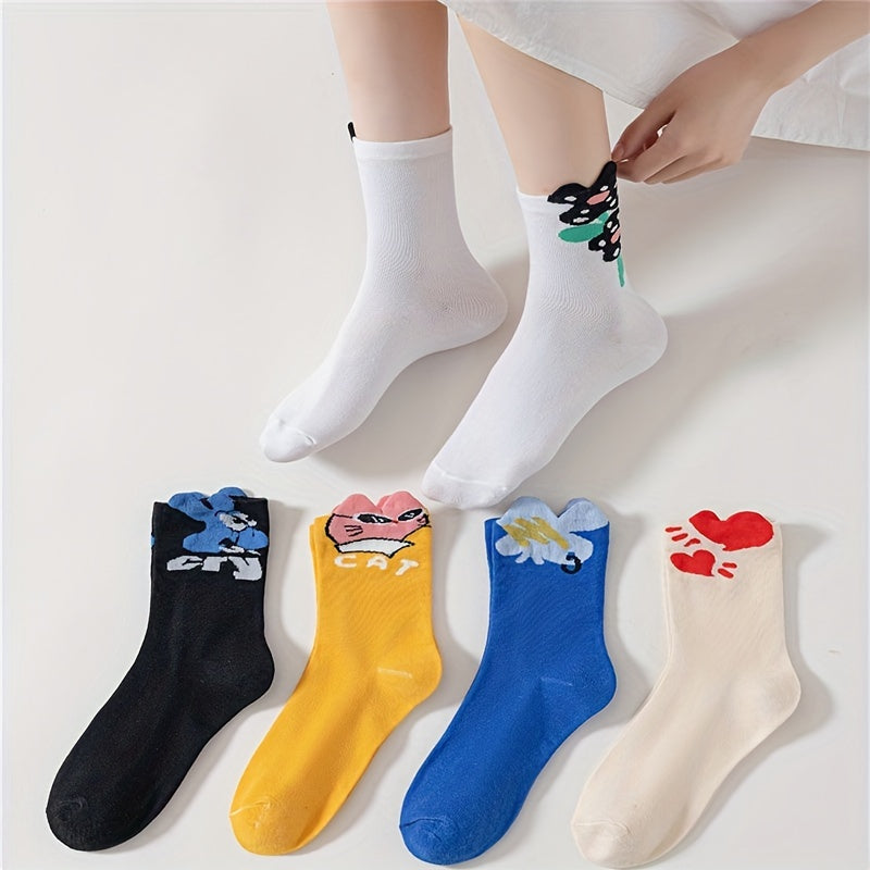 5 Pairs Cartoon Print Socks & Funny Mid Tube Socks for Women