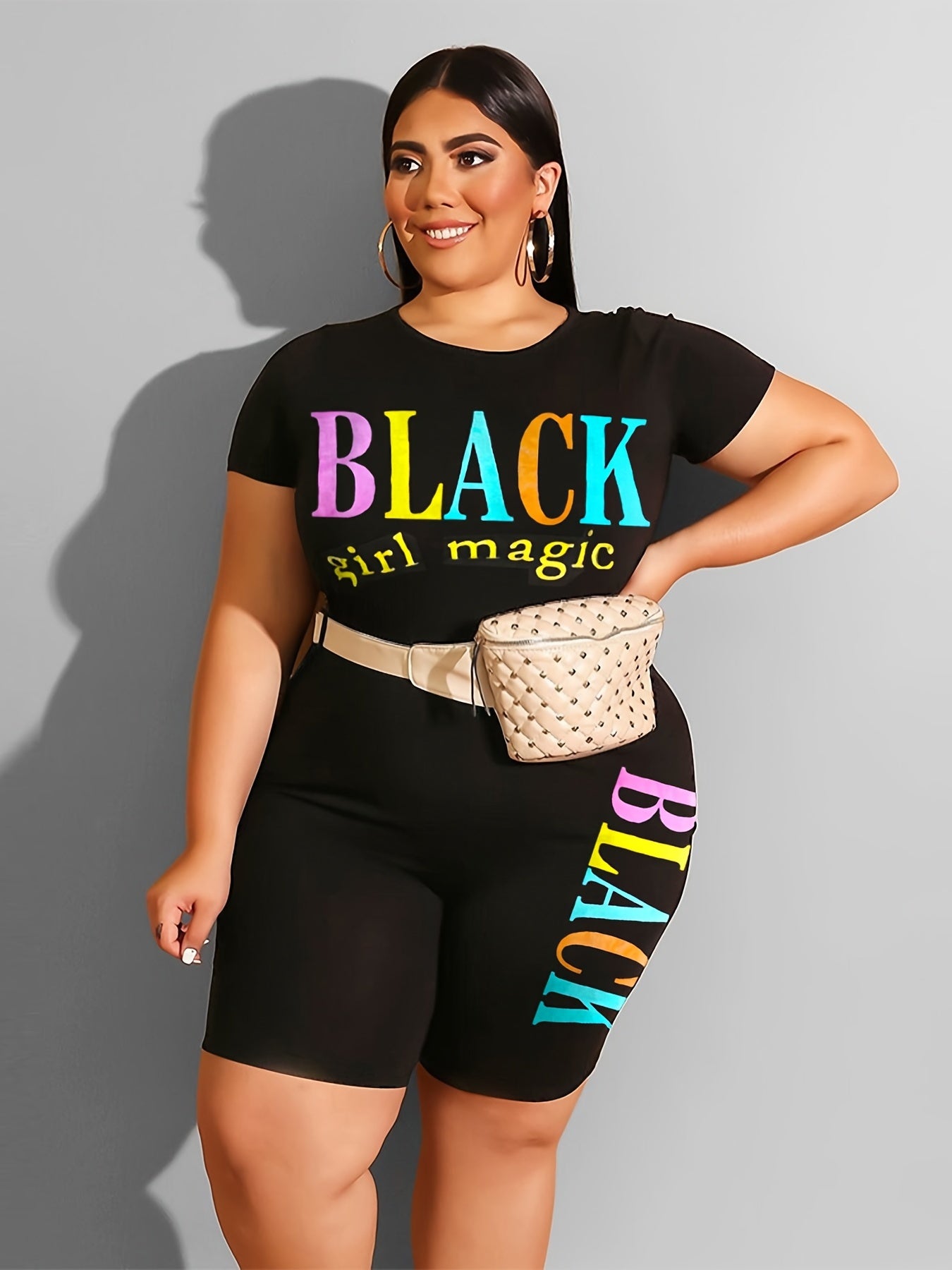  Letter Print Tee & Shorts Set Women's Plus Casual 2pcs