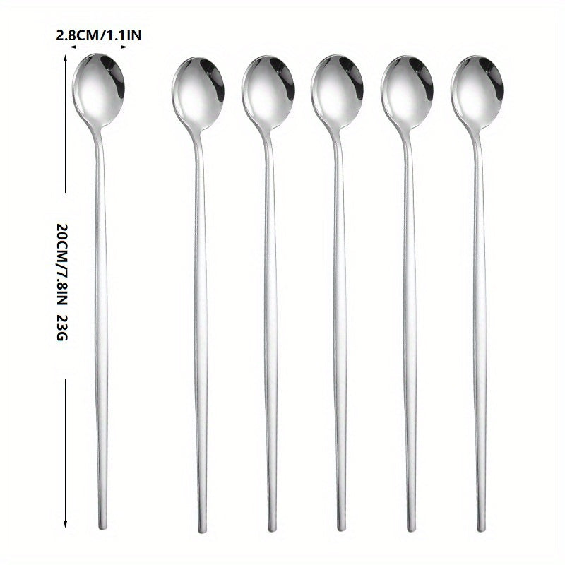 6pcs Stainless Steel Ice Tea Spoons Long Handle Golden Mirror Finish
