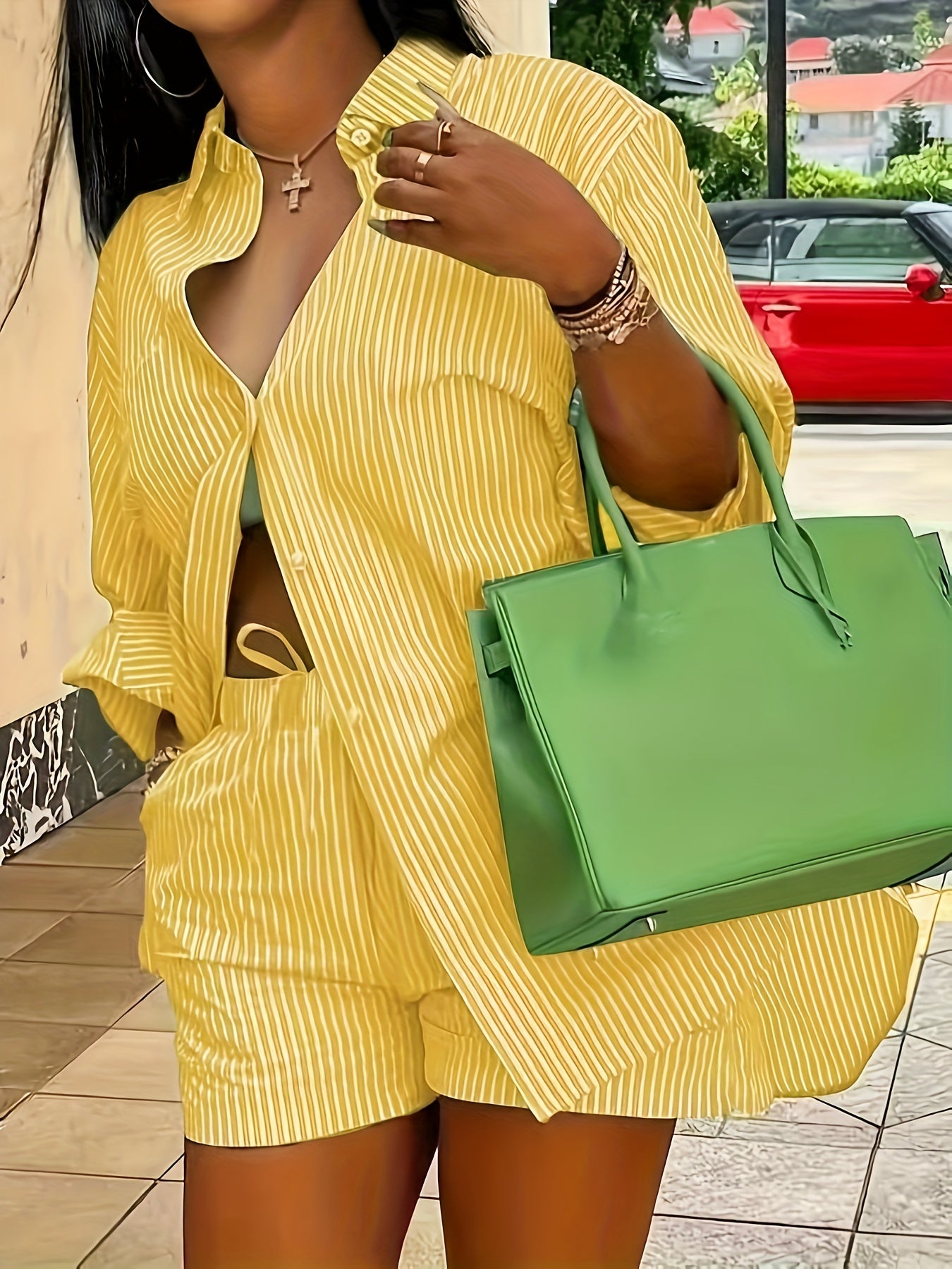  Stripe Long Sleeve Shirt & Shorts Set