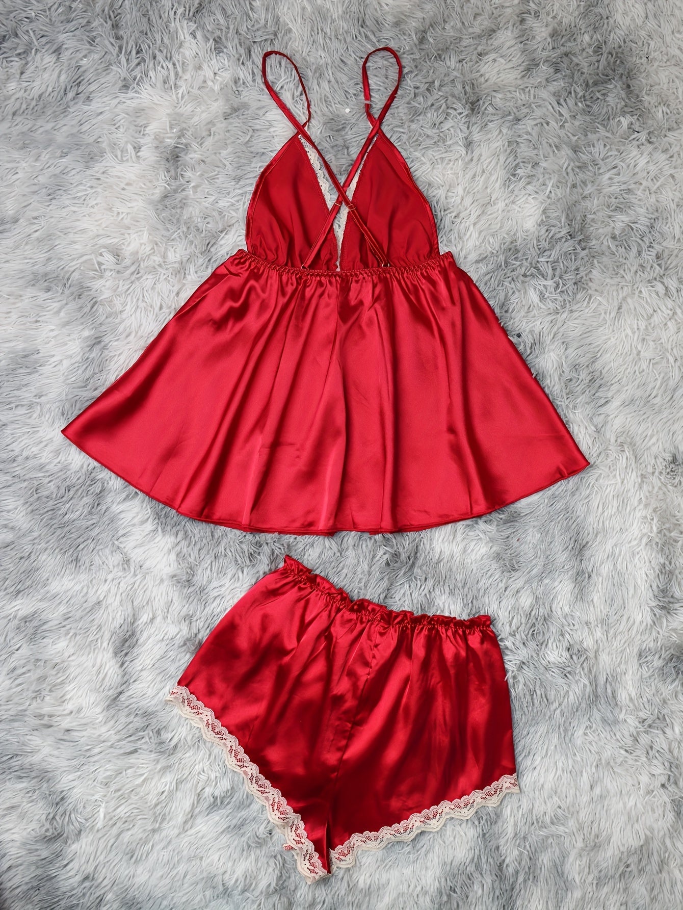 Satin Lounge Set Lace Trim Deep V Cami & Shorts Women's Pajamas