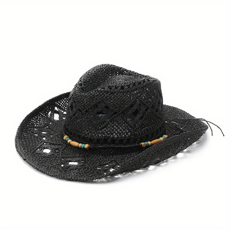 Boho Western Crochet Cowboy Hat Hollow Straw Fedora Cap