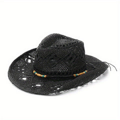 Boho Western Crochet Cowboy Hat Hollow Straw Fedora Cap