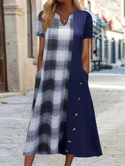  Colorblock Gingham Print Notched Neck Tee Dress