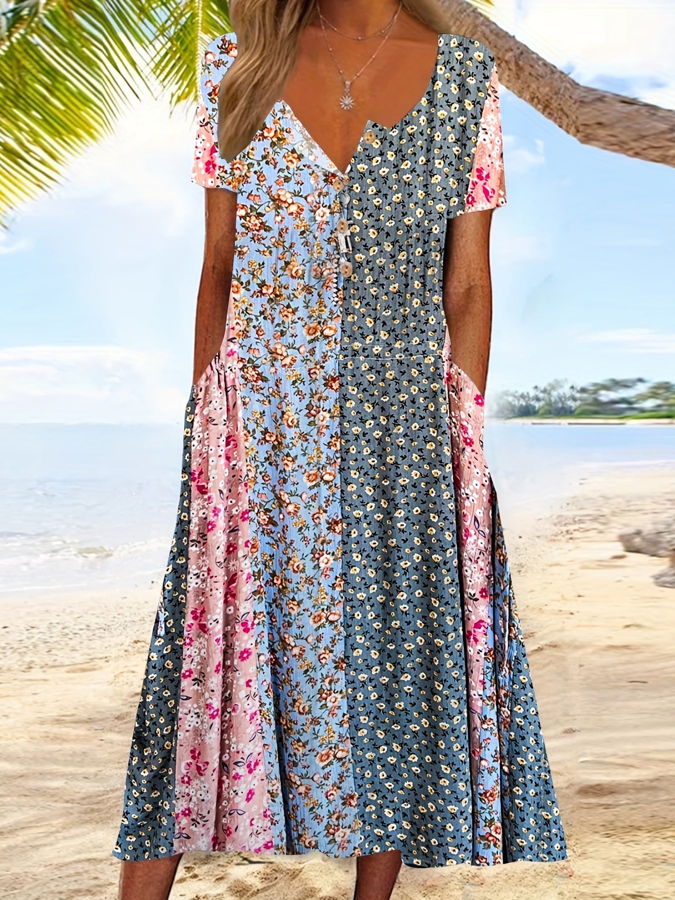 Floral Print V Neck Maxi Dress