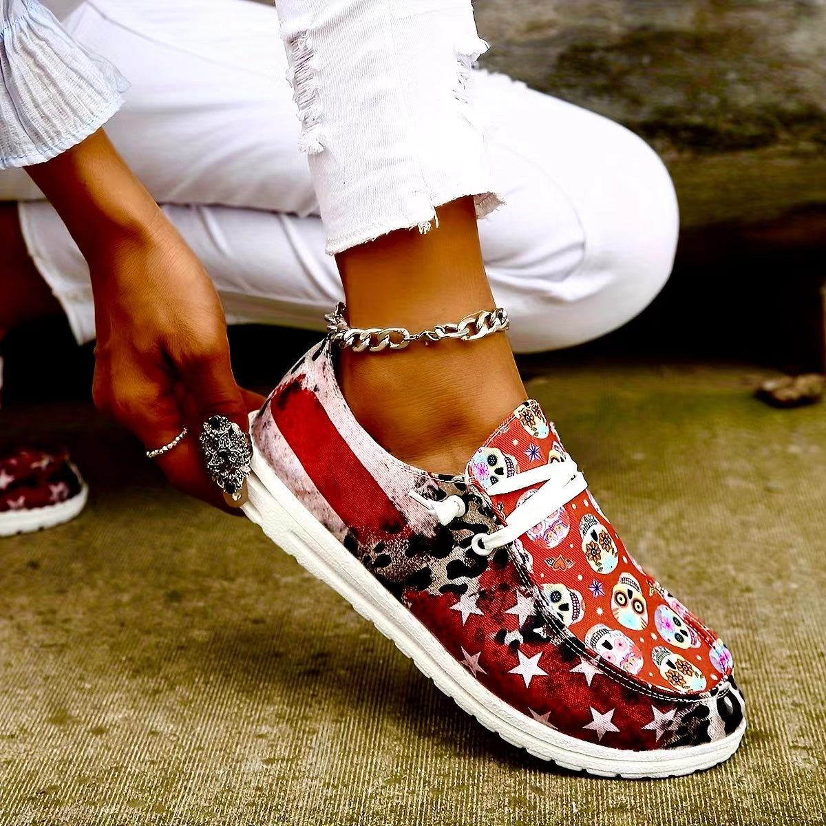 Women's Skull Pattern Flat Shoes Slip On Lightweight Halloween Shoes