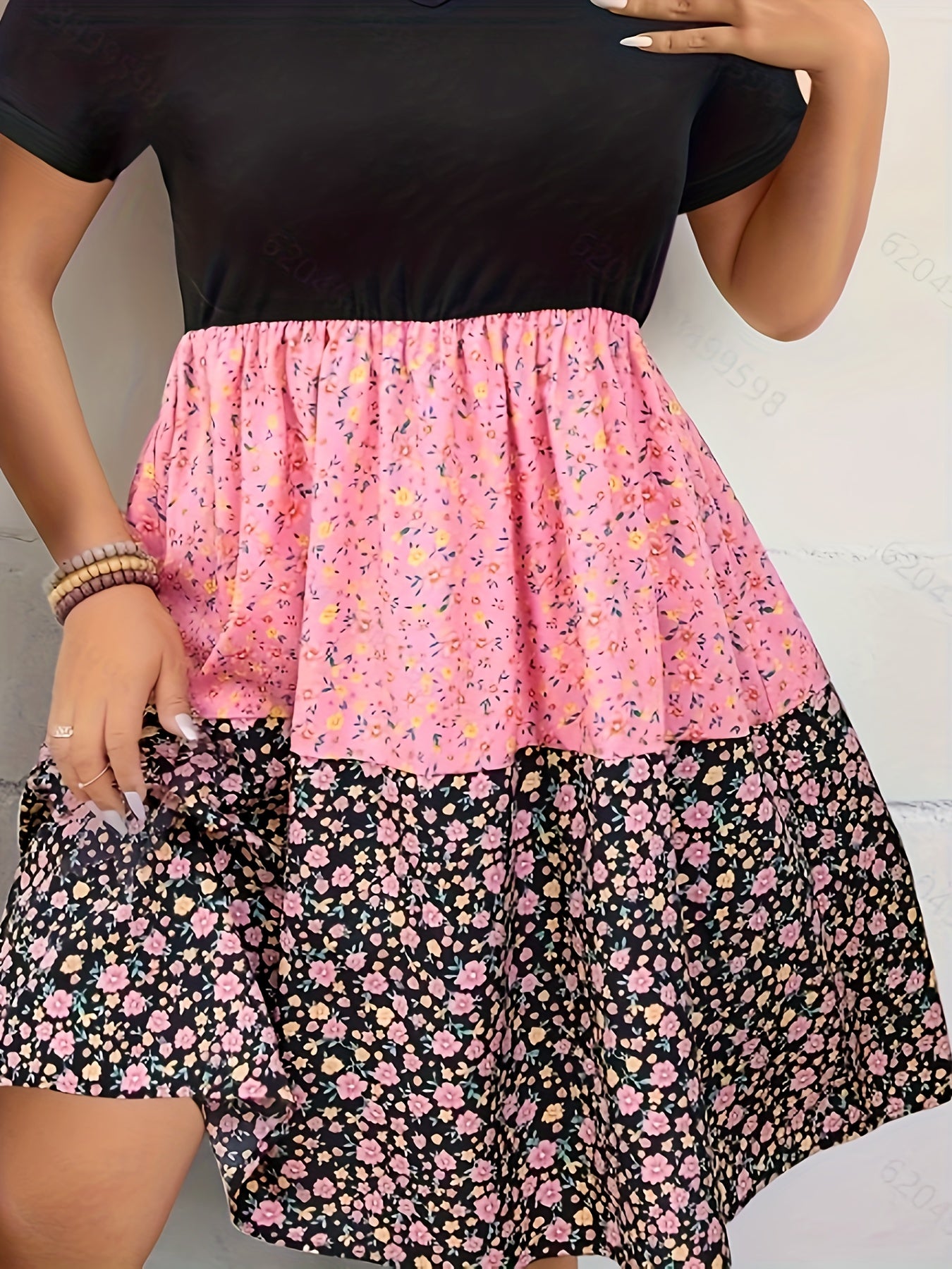  Boho Dress Women's Plus Colorblock Floral Print A Line Mini Dress