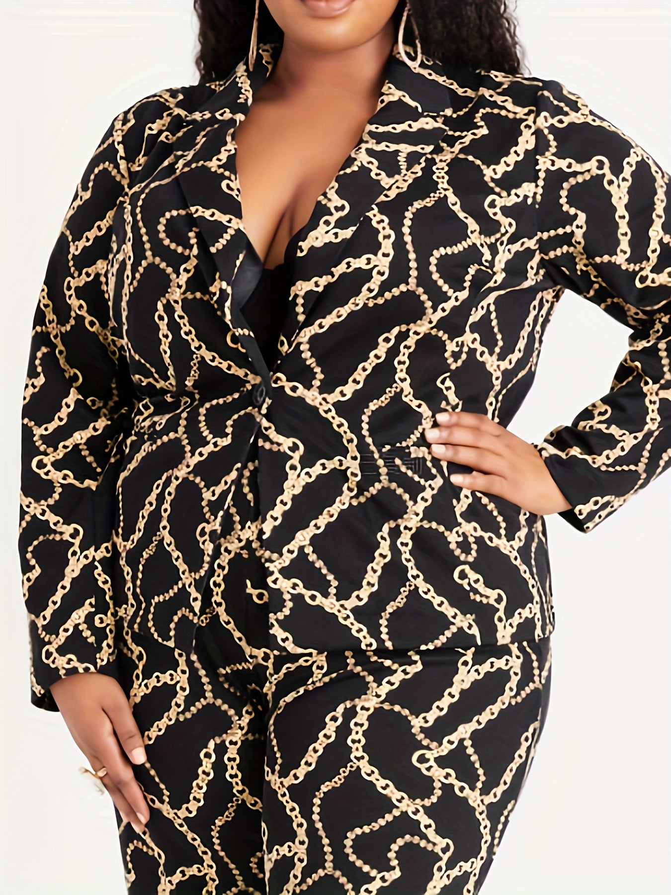 Plus Chain Print Blazer & Pants Suit Set