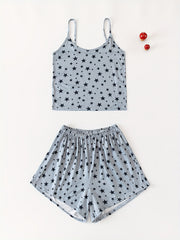 Star Print Pajama Set Crew Neck Cami Top & Elastic Waistband Shorts