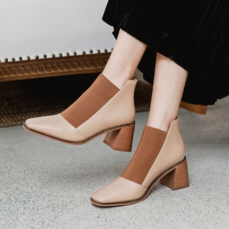 Women's Chunky Heel Ankle Boots Square Toe Knitted Slip On High Heels