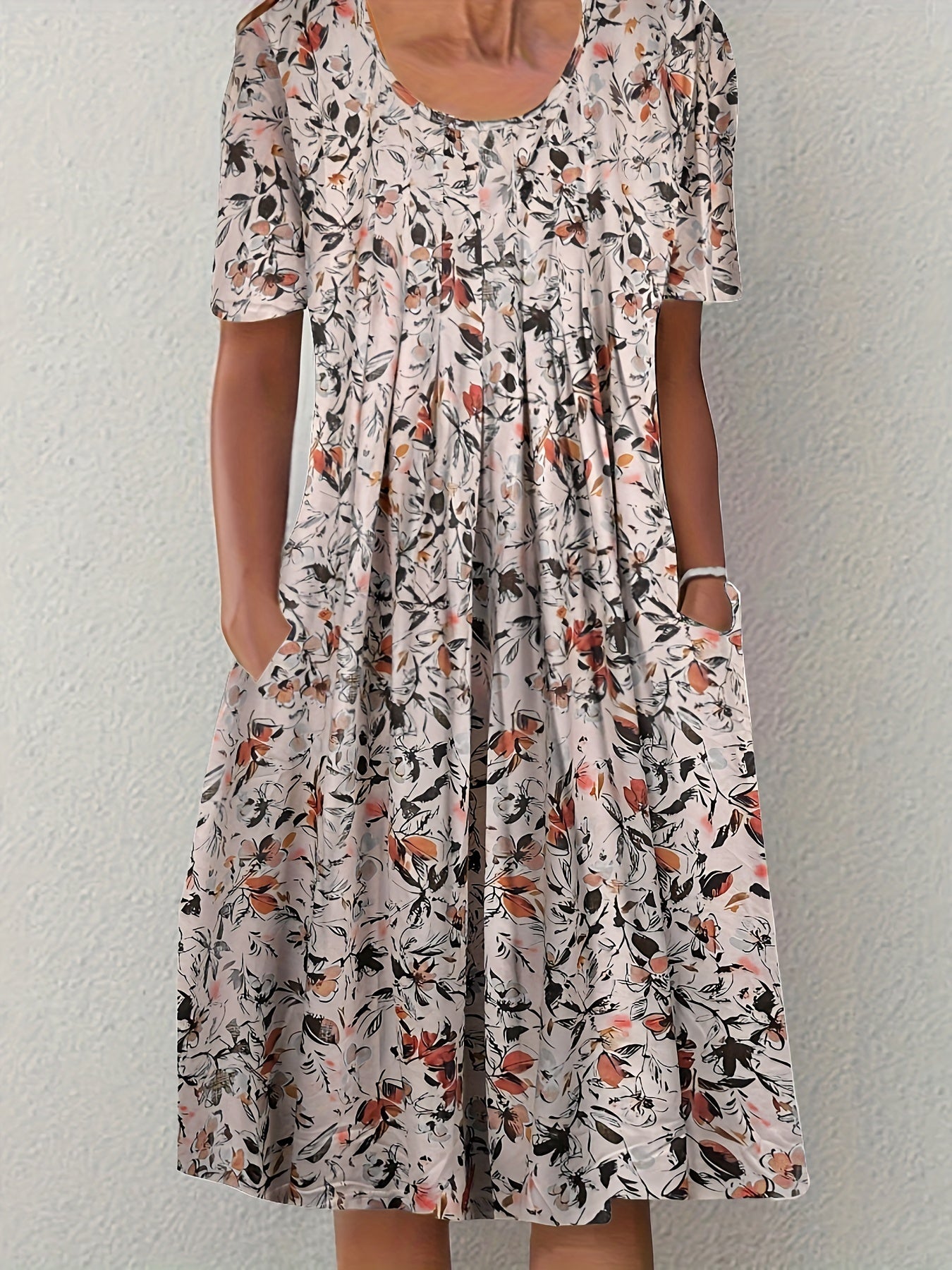  Floral Print Pleated Short Sleeve Dress