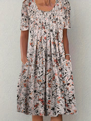  Floral Print Pleated Short Sleeve Dress
