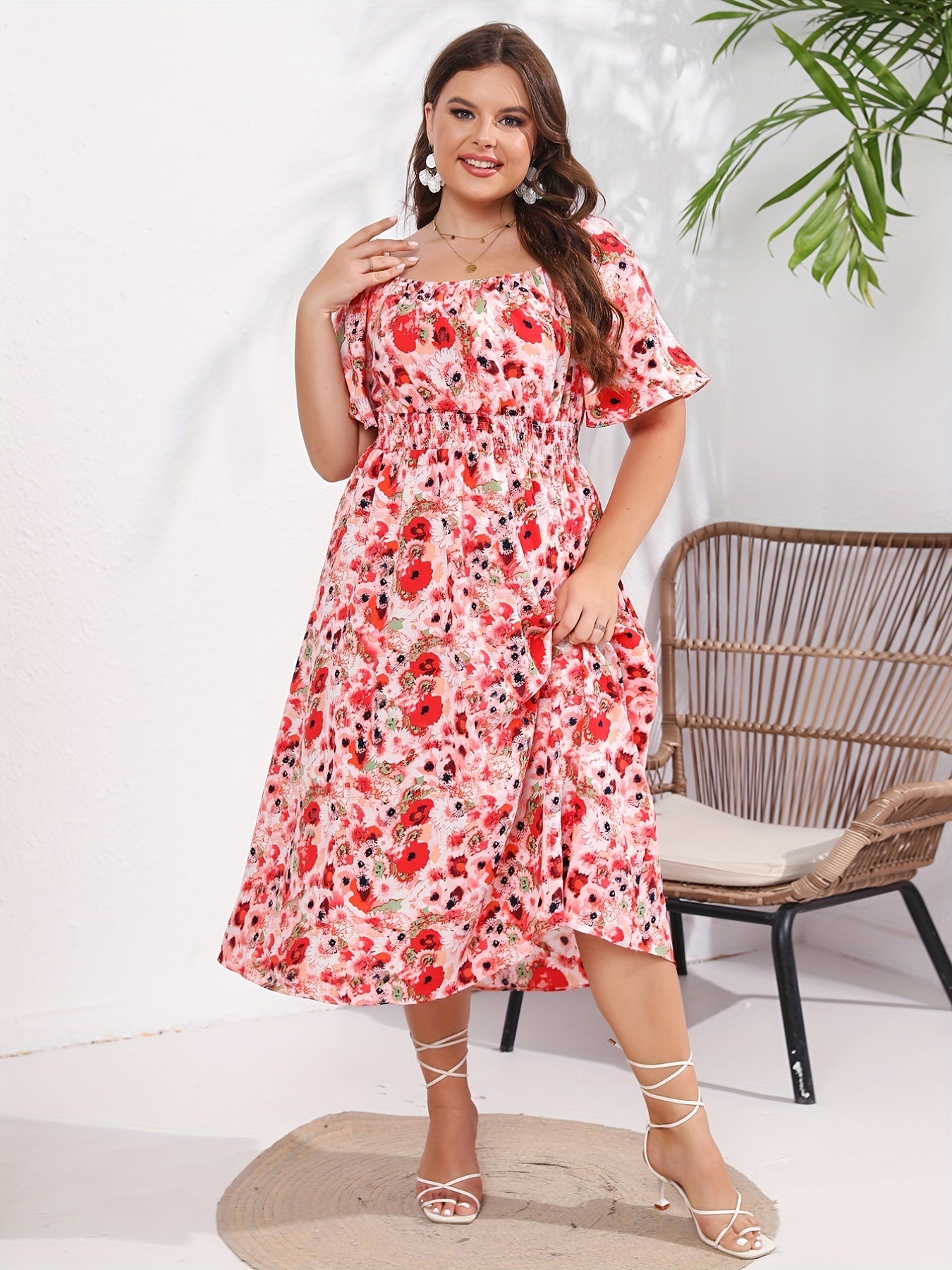  Vacay Dress Women's Plus Floral Print Ruffle Sleeve Beach Dress