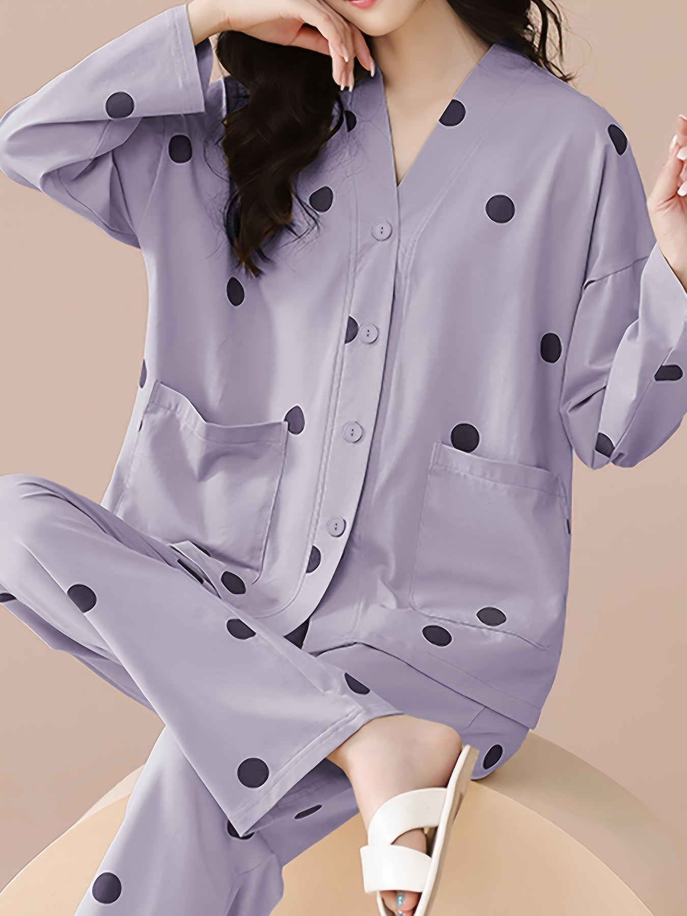 Polka Dot Pajama Set Long Sleeve Top & Pants Women's Sleepwear